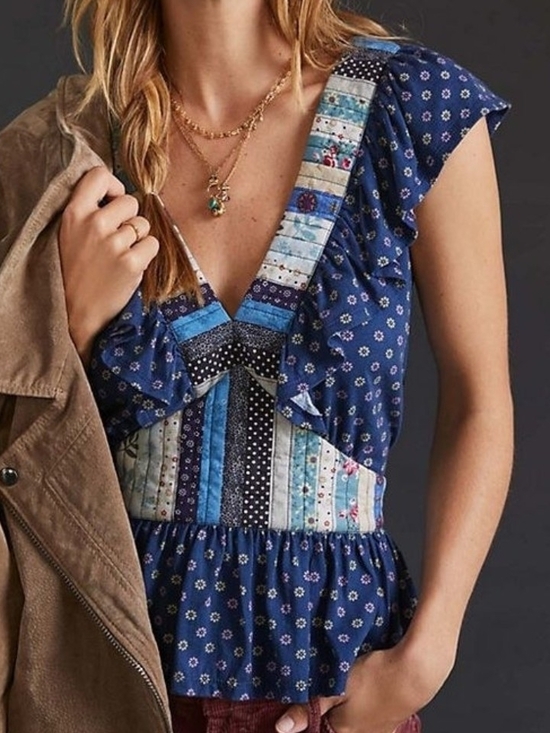 Anthropologie Tops - NWT Anthropologie Let Me Be Patchwork V-neck Peplum Blouse In Navy - S